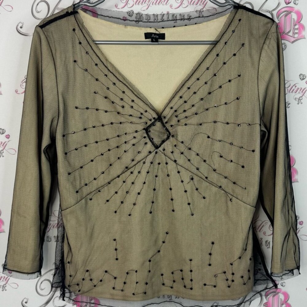 Aria long sleeve mesh embroidered sequins sparkly Black Beaded Sheer Blouse